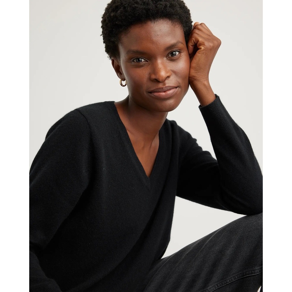 Quince Mongolian Cashmere V-Neck Sweater Women's XL Black Soft Lightweight - New